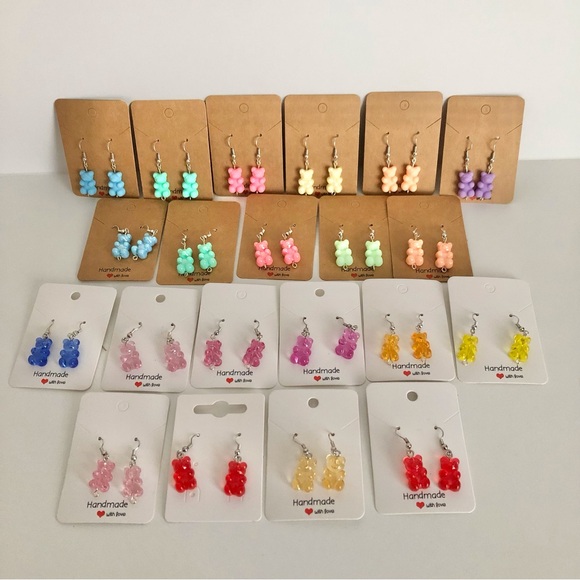 New Red Gummy Bear Resin Dangling Drop Earrings Realistic Mini Food Candy Gifts - Picture 5 of 7
